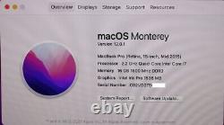 APPLE MacBook Pro 15 Mid-2015 (Intel i7 2.2GHz/ 16GB RAM/ 256GB SSD/ Monterey)