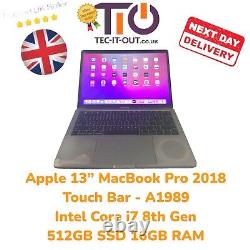 Apple 13 MacBook Pro Touch Bar 2018 Intel i7 8th Gen 512GB SSD 16GB RAM A1989