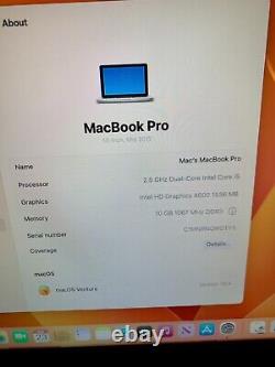 Apple MacBook Pro 13 Core i5 2.5GHz 10GB RAM 250GB HDD macOS Ventura READ NOTES