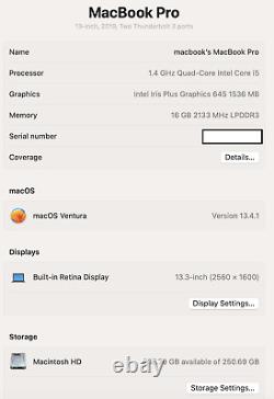 Apple MacBook Pro 13 Retina 2019 i5-8257u 16GB Ram 256GB SSD -Ventura