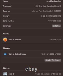 Apple MacBook Pro 13 Retina Iris A1708 i5 7th Gen 2017 128GB SSD 8GB RAM Ventura
