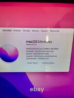 Apple MacBook Pro 15 C2D 2.53GHz 8GB RAM 256GB SSD A1286 MacOS Monterey