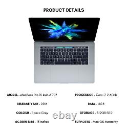 Apple MacBook Pro 15 Inch Laptop 2016 Core i7 2.6GHz 16GB Ram 512GB Ssd A1707