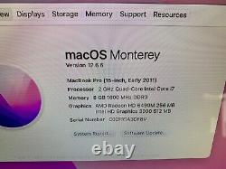 Apple MacBook Pro 15 Quad Core i7 2.0GHz 8GB RAM 256GB SSD MC721 MacOS Monterey