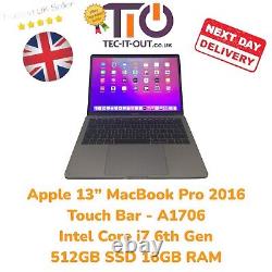 Apple 13 MacBook Pro Touch Bar 2016 Intel i7 6th Gen 512GB SSD 16GB RAM A1706 translates to 'Apple 13 MacBook Pro Touch Bar 2016 Intel i7 6e génération 512 Go SSD 16 Go RAM A1706' in French.