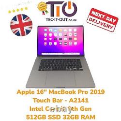 Apple 16 MacBook Pro Touch Bar 2019 Intel i9 9th Gen 512GB SSD 32GB RAM A2141 translates to 'Apple MacBook Pro 16 pouces Touch Bar 2019 Intel i9 9ème génération SSD 512 Go RAM 32 Go A2141' in French.