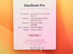 Apple MacBook Pro 13 2017 A1708 Core i5 2.3GHz 8GB RAM 256GB NVMe SSD Ventura
   <br/> 
<br/>


MacBook Pro 13 pouces 2017 A1708 Core i5 2.3GHz 8 Go de RAM 256 Go SSD NVMe Ventura