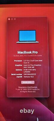 Apple MacBook Pro 13.3 2017 2.3GHz Dual-Core Intel Core i5 121GB SSD
<br/> 
 
<br/>		MacBook Pro 13.3 Apple 2017 2.3 GHz Double cœur Intel Core i5 121 Go SSD
