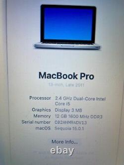 Apple MacBook Pro 13 Core i5 2.4GHz 12GB RAM 256GB SSD A1278 MS Office<br/>
<br/> Traduction en français: Apple MacBook Pro 13 Core i5 2.4GHz 12Go RAM 256Go SSD A1278 MS Office