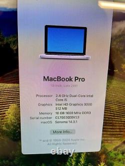 Apple MacBook Pro 13 Core i5 2.4GHz 16Go RAM 256Go SSD MD313 macOS SONOMA
 <br/>    <br/>(Note: 'Go' stands for gigaoctets, the French equivalent for gigabytes)