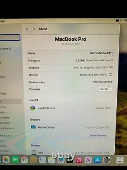 Apple MacBook Pro 13 Core i5 2.5GHz 10GB RAM 500GB HDD MD101 macOS SONOMA
<br/><br/>MacBook Pro 13 Apple Core i5 2.5GHz 10 Go de RAM 500 Go de disque dur MD101 macOS SONOMA