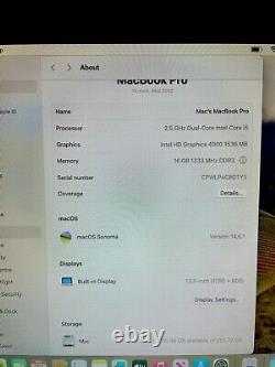 Apple MacBook Pro 13 Core i5 2.5GHz 16GB RAM 256GB SSD MD101 MacOS SONOMA 
<br/>	 <br/>Translation: Apple MacBook Pro 13 Core i5 2.5GHz 16GB RAM 256GB SSD MD101 MacOS SONOMA