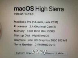 Apple MacBook Pro 13 Intel i5 2.40GHz, 8 Go, 500 Go HDD, HighSierra+Windows10-No6