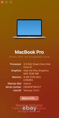 Apple MacBook Pro 13 Retina 2017 A1708 i5 7ème Génération 8Go Ram, 128Go SSD, Ventura
<br/> 	 <br/>(Note: 'Ventura' appears to be a brand or model name and is not translated)