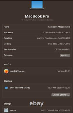 Apple MacBook Pro 13 Retina 2017 A1708 i5 7ème Génération 8Go Ram, 128Go SSD, Ventura  <br/>  

  <br/>   (Note: 'Ventura' appears to be a brand or model name and is not translated)