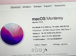 Apple MacBook Pro A1398 2015 15 Retina Core i7-4770HQ 2.5GHz 512GB SSD 16GB RAM
 	
	<br/> Apple MacBook Pro A1398 2015 15 Retina Core i7-4770HQ 2.5GHz 512GB SSD 16GB RAM