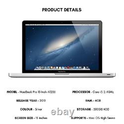 Apple MacBook Pro Ordinateur portable 15 pouces 2010 Core i5 2.4GHz 4 Go de RAM 500 Go de disque dur A1286
