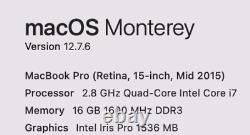 Apple MacBook Pro Retina 15.4 Milieu 2015 500Go SSD 16Go Ram 2.8GHz Core i7