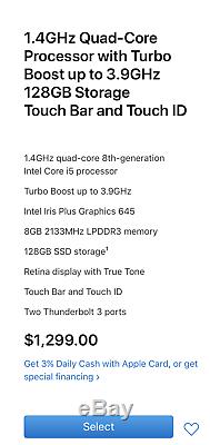 Apple Macbook Pro 1,4 Ghz Quad Core Barre Tactile I5 Ssd 8 Go Ram 128 Go Scellé En Usine