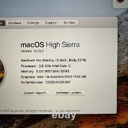 Apple Macbook Pro Retina 2015 13 2.9ghz I5 8gb 512gb Nombre De Cycles Ssd 62 (2839)