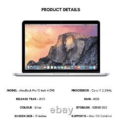 Ordinateur portable Apple MacBook Pro 15 pouces 2012 Core i7 2,3 GHz 8 Go de RAM 128 Go SSD A1398