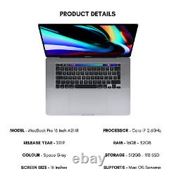 Ordinateur portable Apple MacBook Pro 16 pouces 2019 Core i7 2,6 GHz 16 Go RAM 512 Go SSD A2141